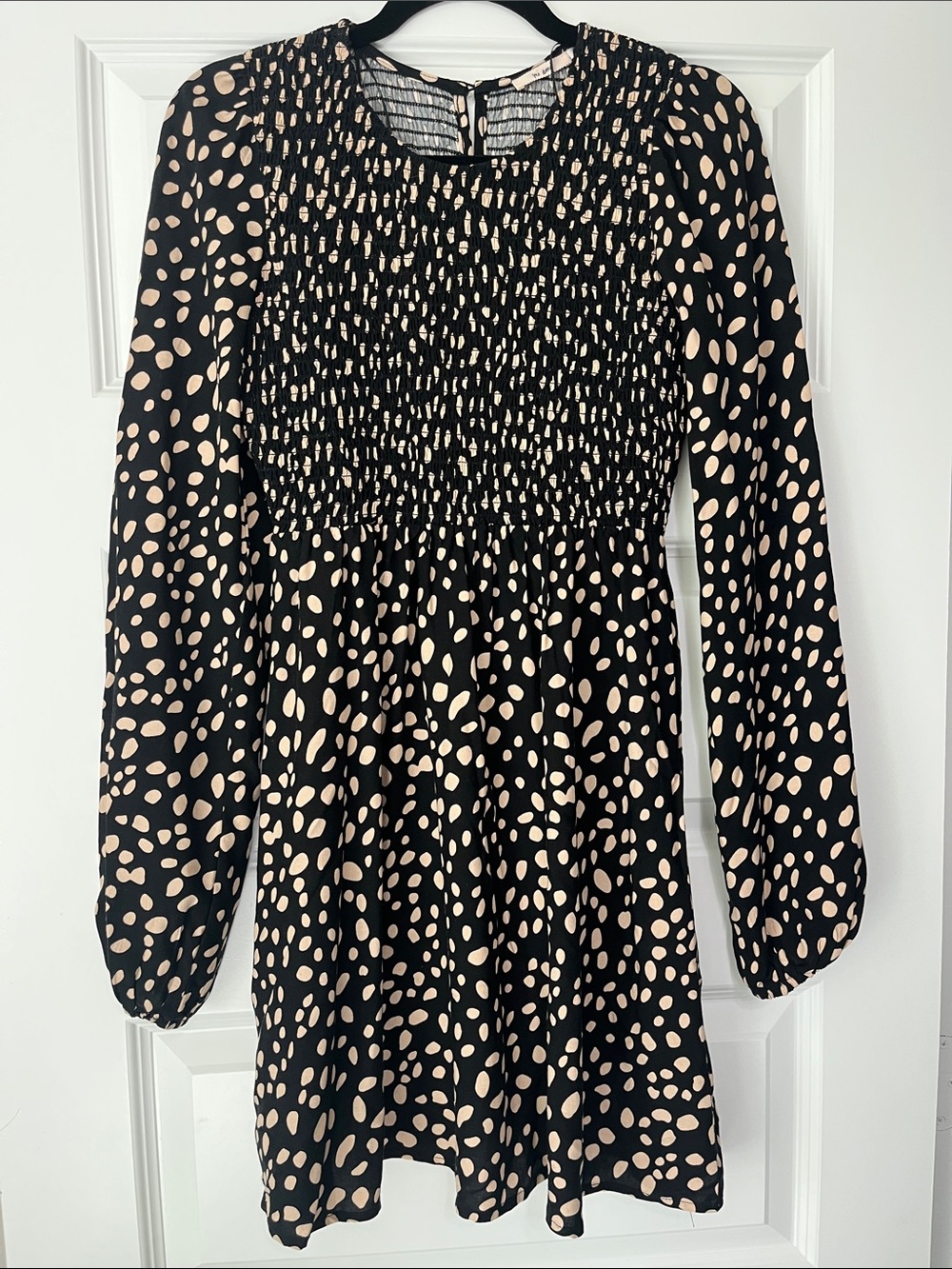 miami Black Long-Sleeve Smocked Dress with Cream Dot Print